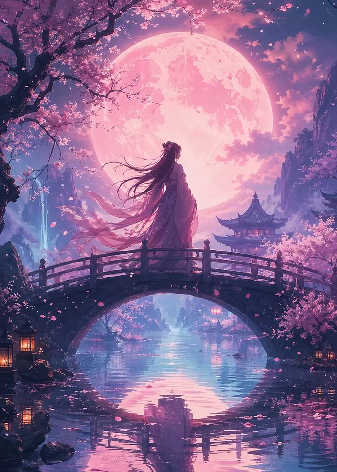 Woman on bridge under pink moon