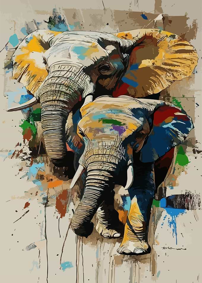 Abstract Elephants with Colorful Splashes