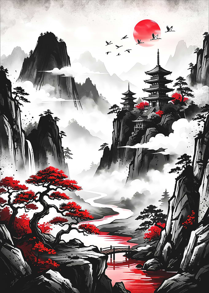 Japanese Mountain Pagoda Landscape