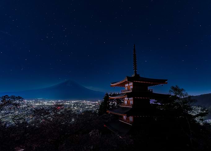 Pagoda and Mount Fuji at Night