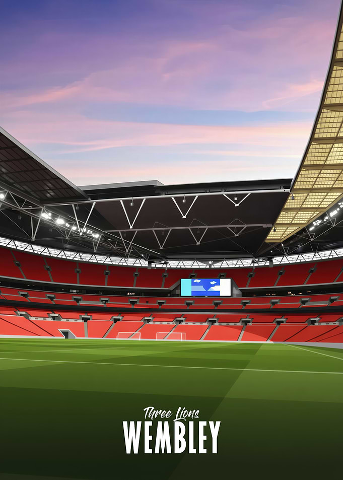 Wembley Stadium with 'Three Lions' text