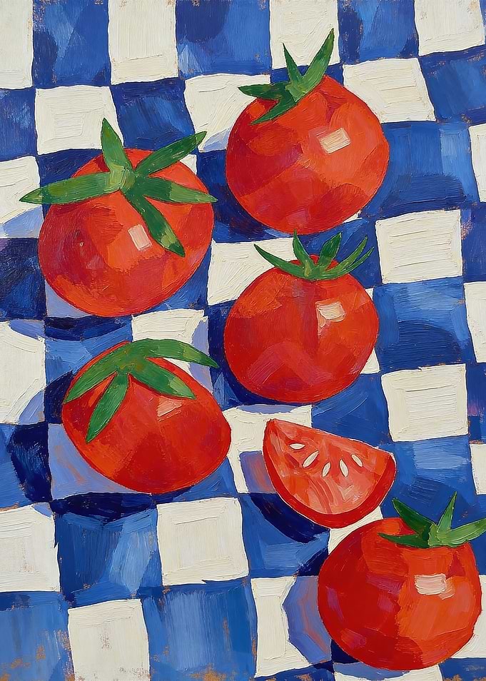 Tomatoes on a Blue and White Checkered Surface