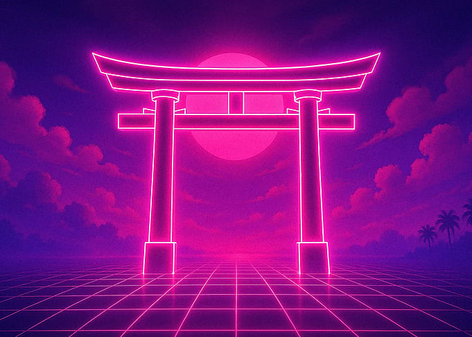 Neon Torii Gate Sunset Grid