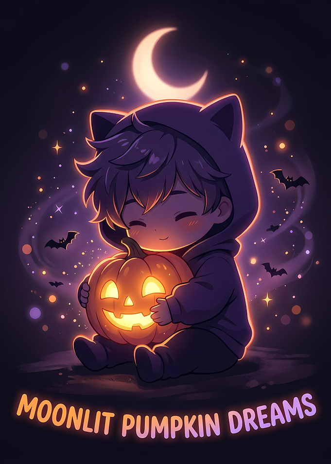 Cute Chibi Boy Cat Hoodie Holding Glowing Pumpkin Night Sky!! Halloween