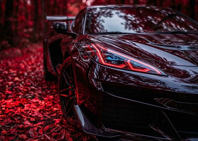 Red Sports Car in Autumn Leaves