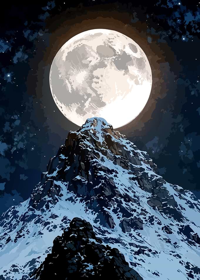 Full Moon Over Snowy Mountain Peak
