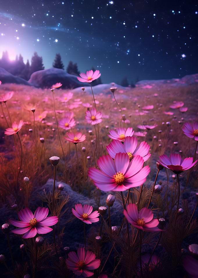 Cosmos Flowers Under Starry Night Sky