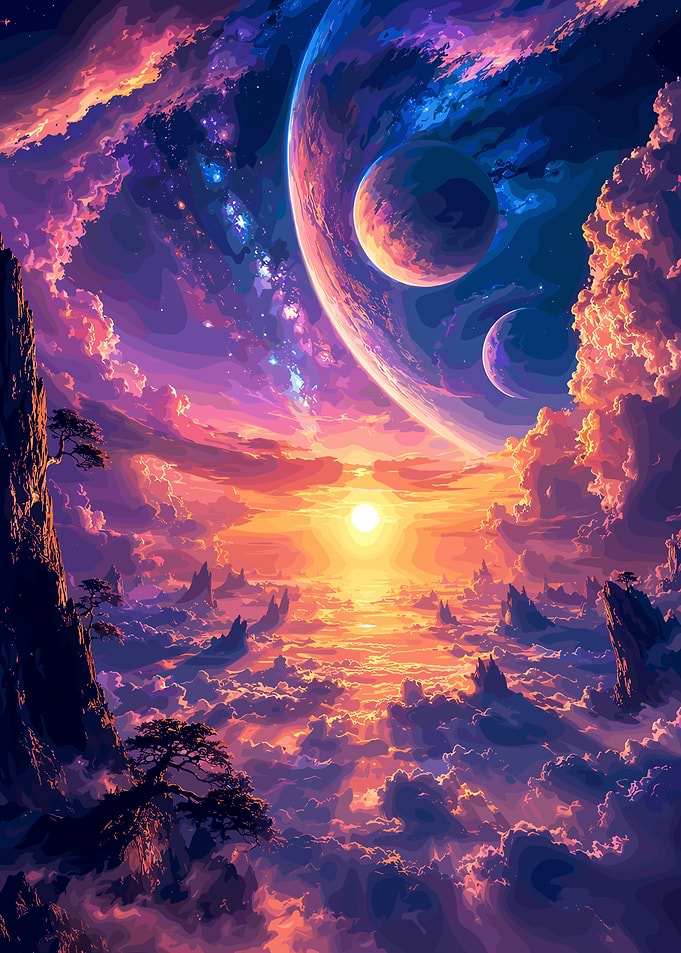 Cosmic Sunset Over Alien Landscape