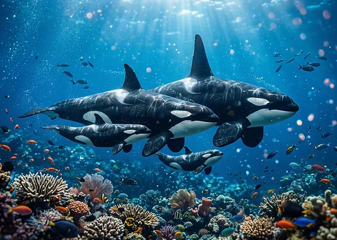 Orca family swimming in coral reef
