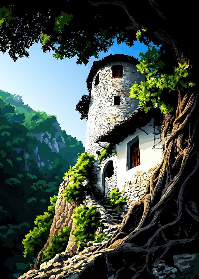 Enchanted Stone Tower in Lush Forest