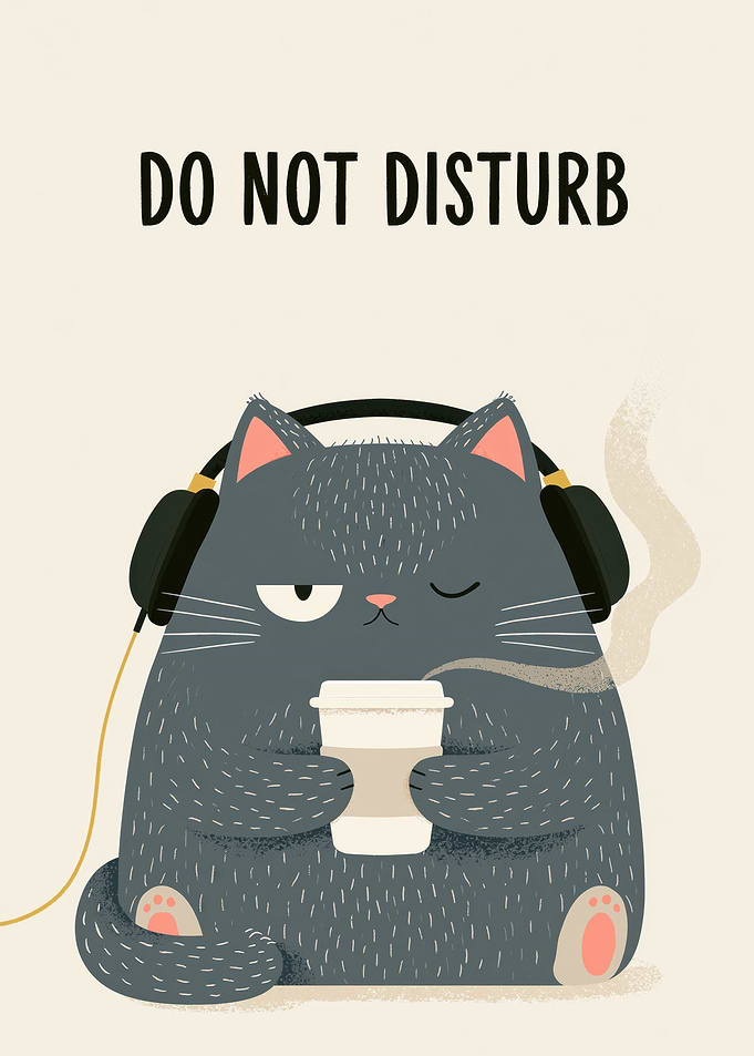 Grumpy Cat with Coffee and Headphones