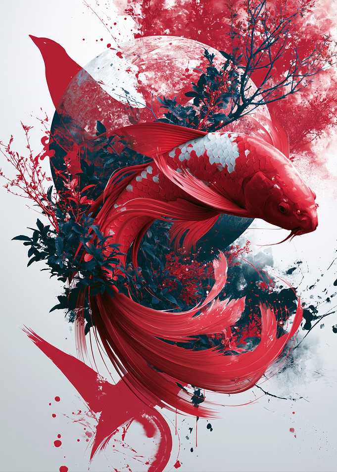 Red Koi Fish with Floral Elements