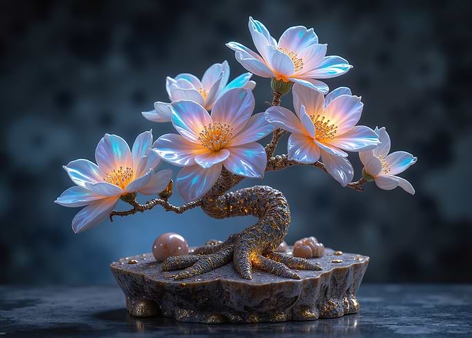 Enchanted Bonsai Tree with Glowing Flowers