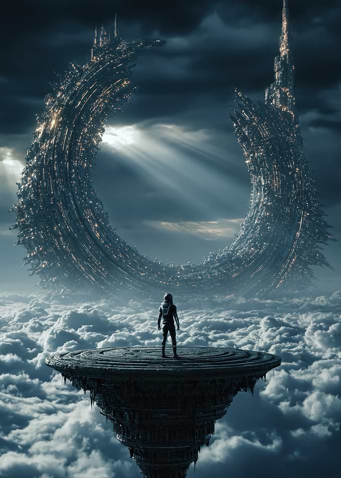 Astronaut on Floating Island Overlooking Alien City