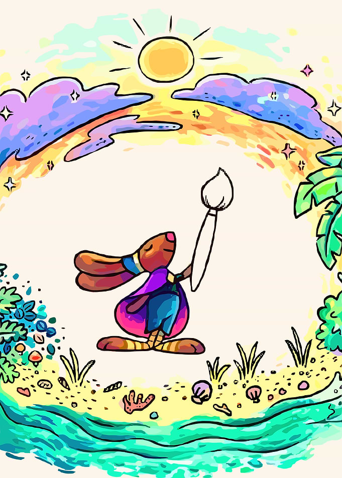 Bunny painting a rainbow on the beach