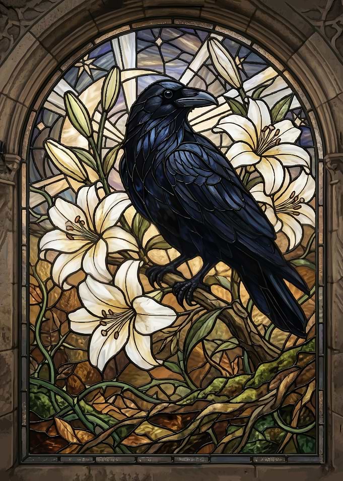 Raven and Lilies Stained Glass