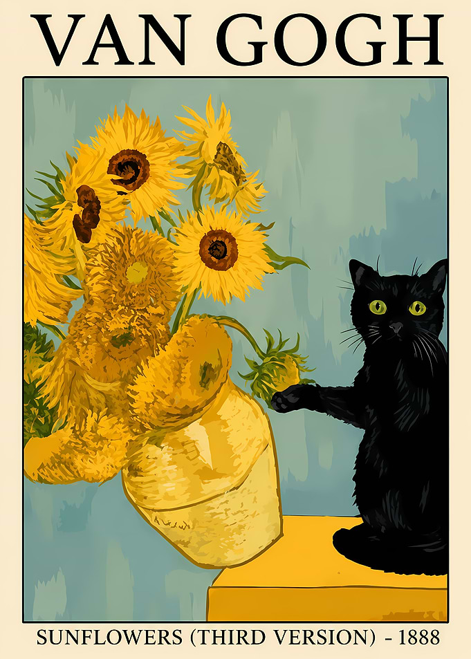 Van Gogh Sunflowers with Black Cat