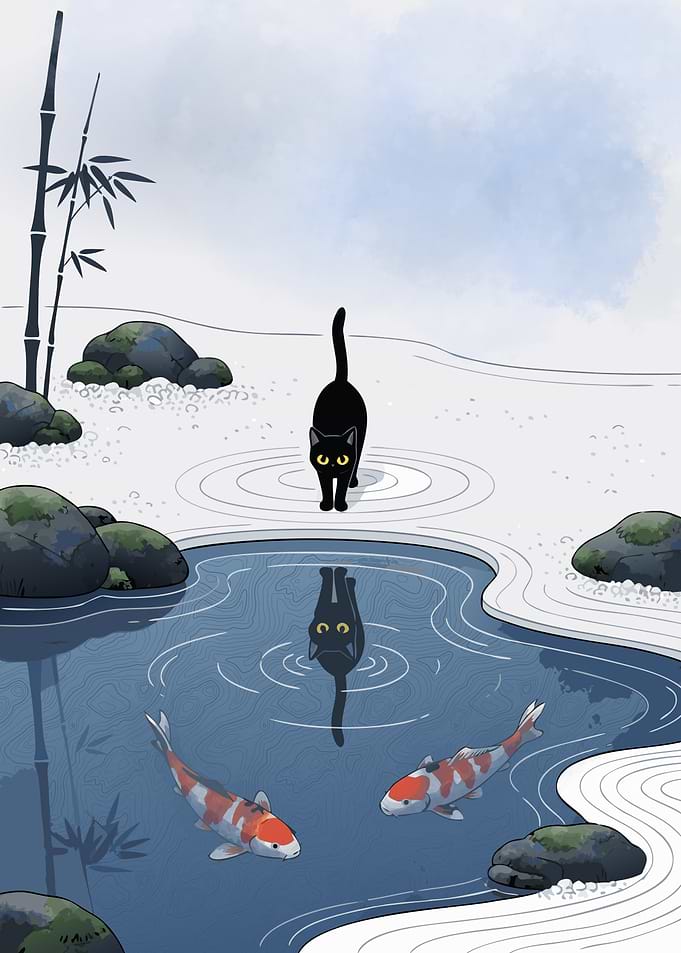 Black Cat Zen - Japanese Koi Pond Minimalist