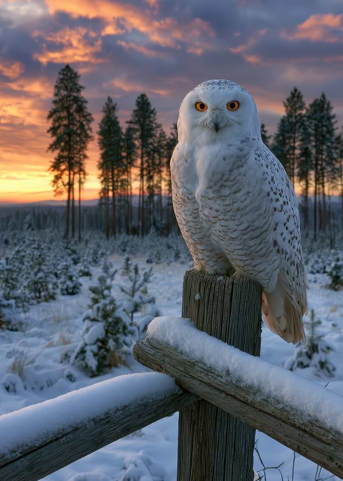 Snowy Owl on a Fence Post at Sunset