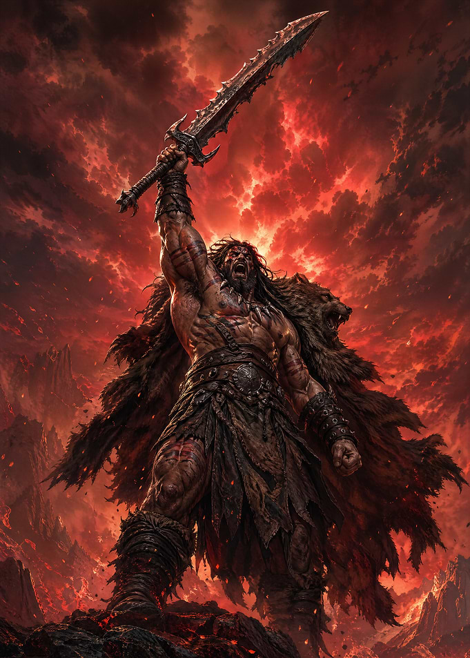 Fierce Warrior with Sword in Fiery Landscape
