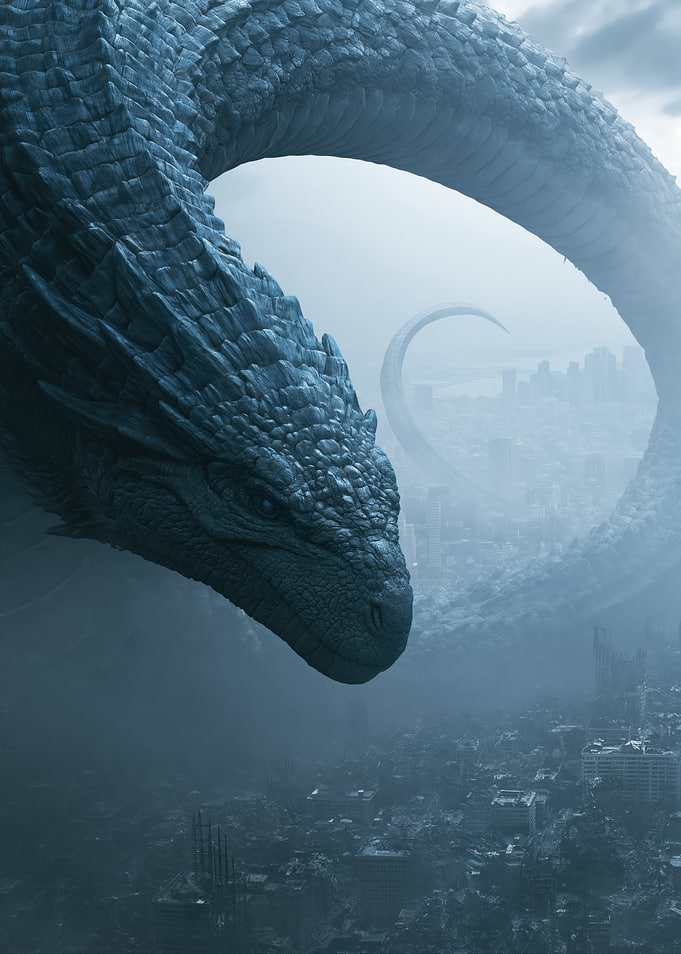 Giant Dragon Over Ruined City