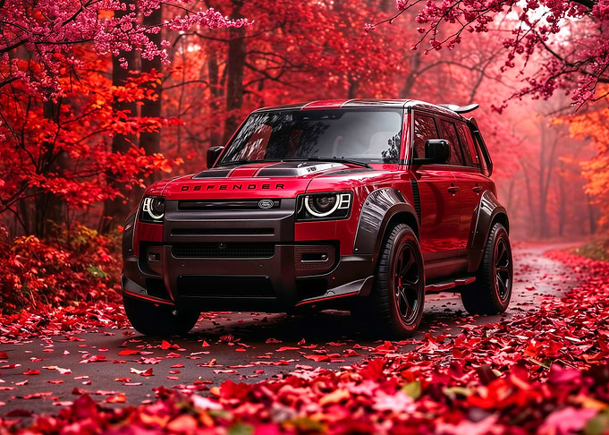 Red Defender SUV in Autumn Forest