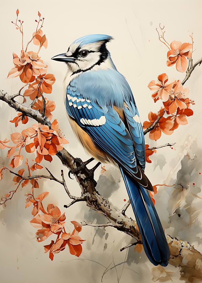Blue Jay on a Branch with Flowers