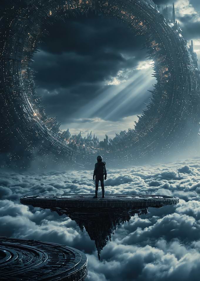 Astronaut on Floating Platform Over Clouds