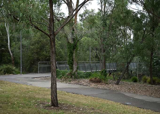 Park pathway with bridge and trees