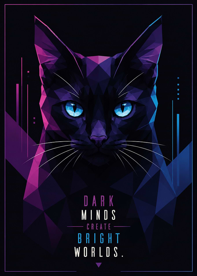 Geometric Black Cat with Blue Eyes