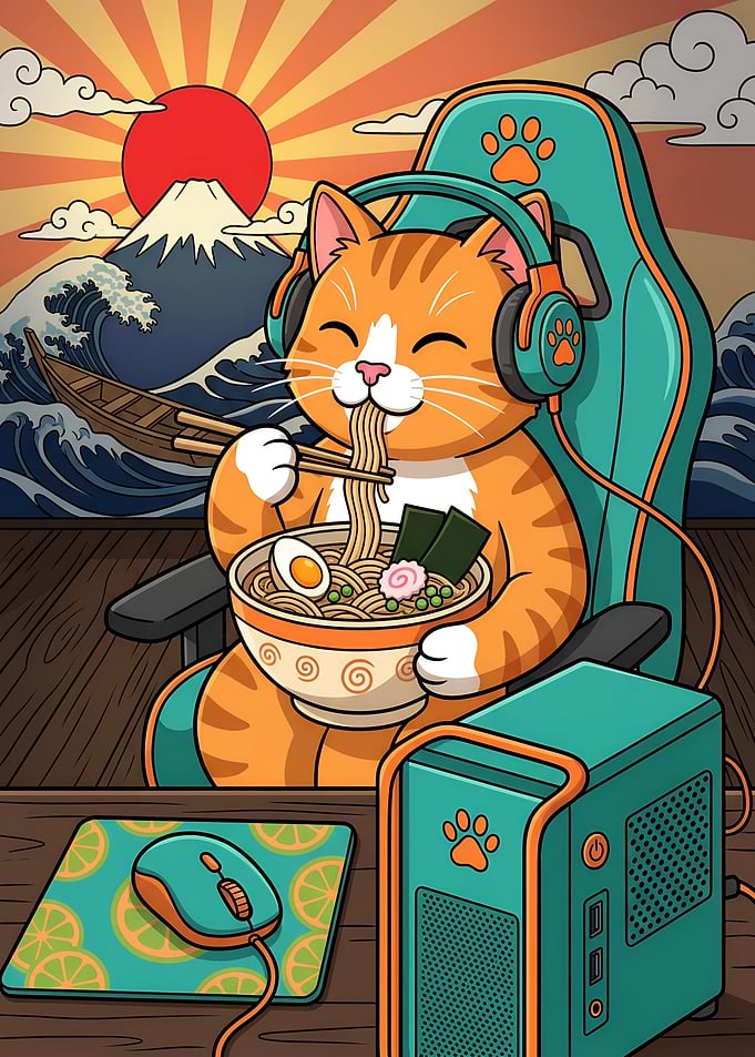 Gamer Cat Eating Ramen Fuji Mount