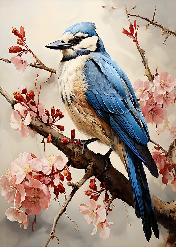 Blue Jay on Cherry Blossom Branch