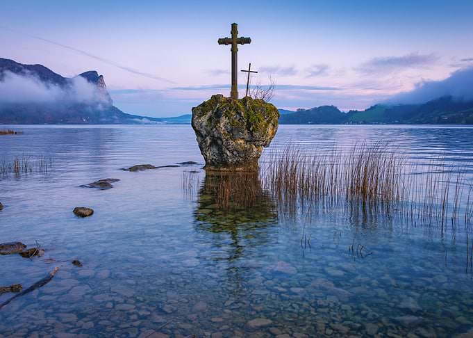 Cross on Rock in Lake Mondsee