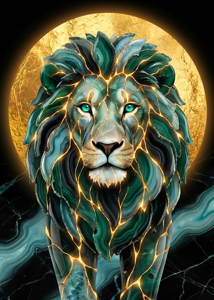 Majestic Lion Made of Gemstones Kintsugi Art Golden Moon
