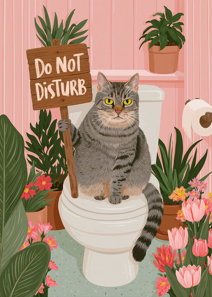 Cat on Toilet with Do Not Disturb Sign