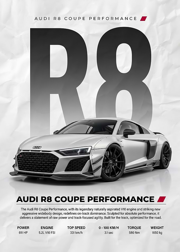 matte white Audi R8 Coupe Performance poster