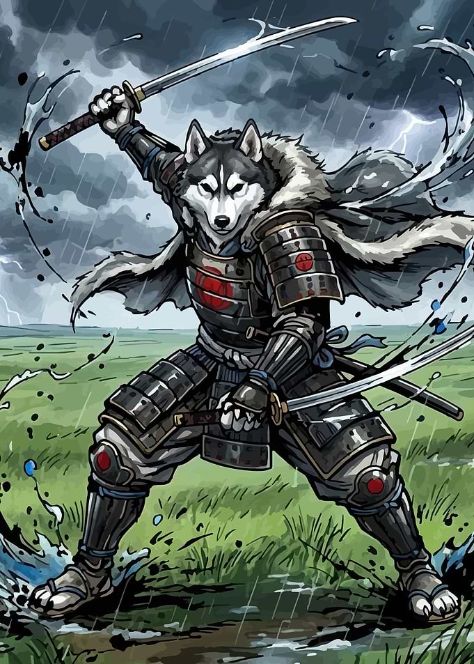 Samurai Husky Warrior in Storm