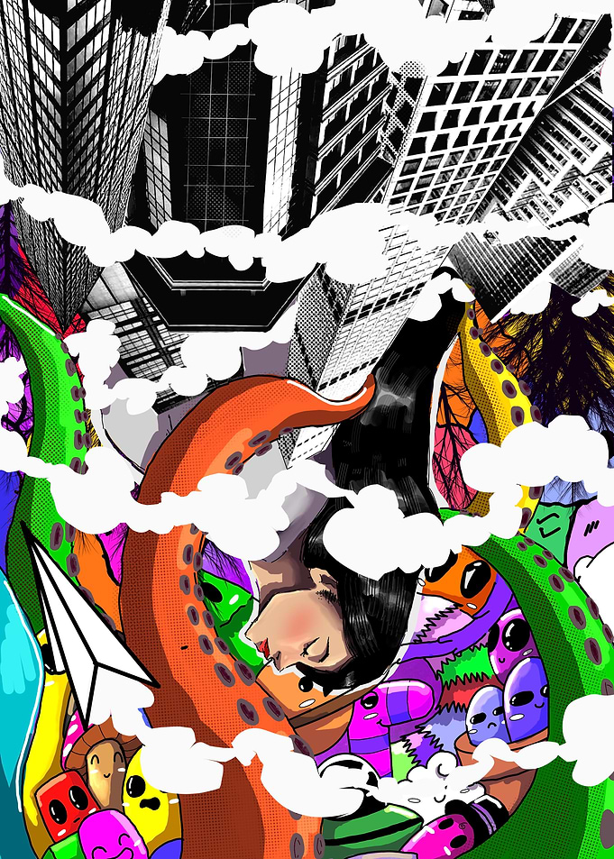 Surreal Cityscape with Tentacles and Aliens