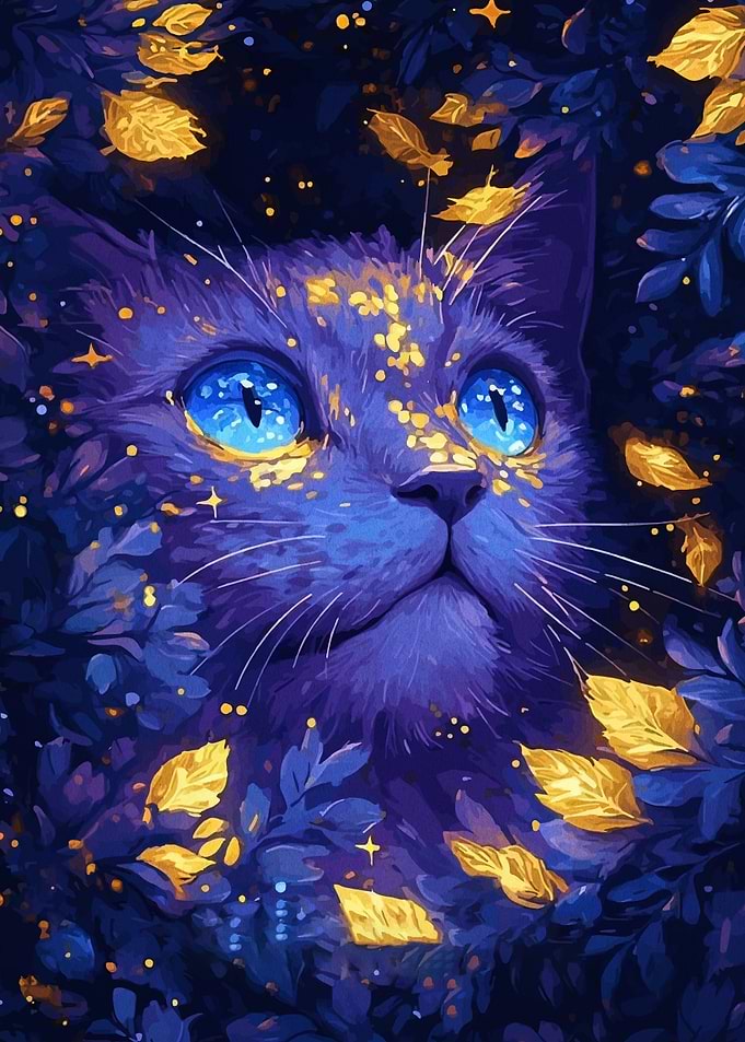 Enchanted Blue Cat in Golden Leaves