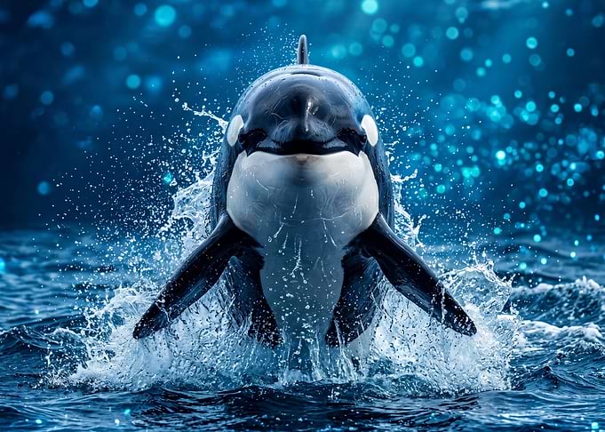 Orca breaching in blue water
