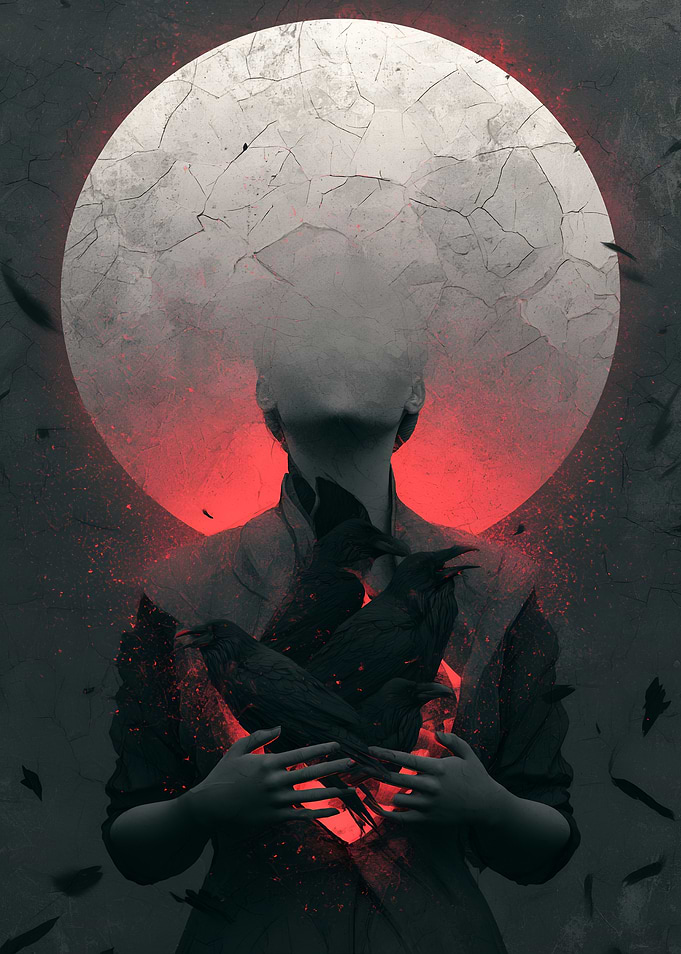 Mysterious Figure with Crows and Moon