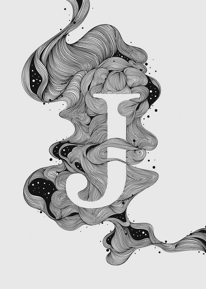 Abstract Letter J with Swirling Lines