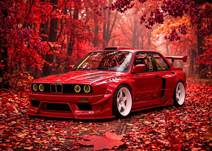 Red BMW M3 E30 in Autumn Forest