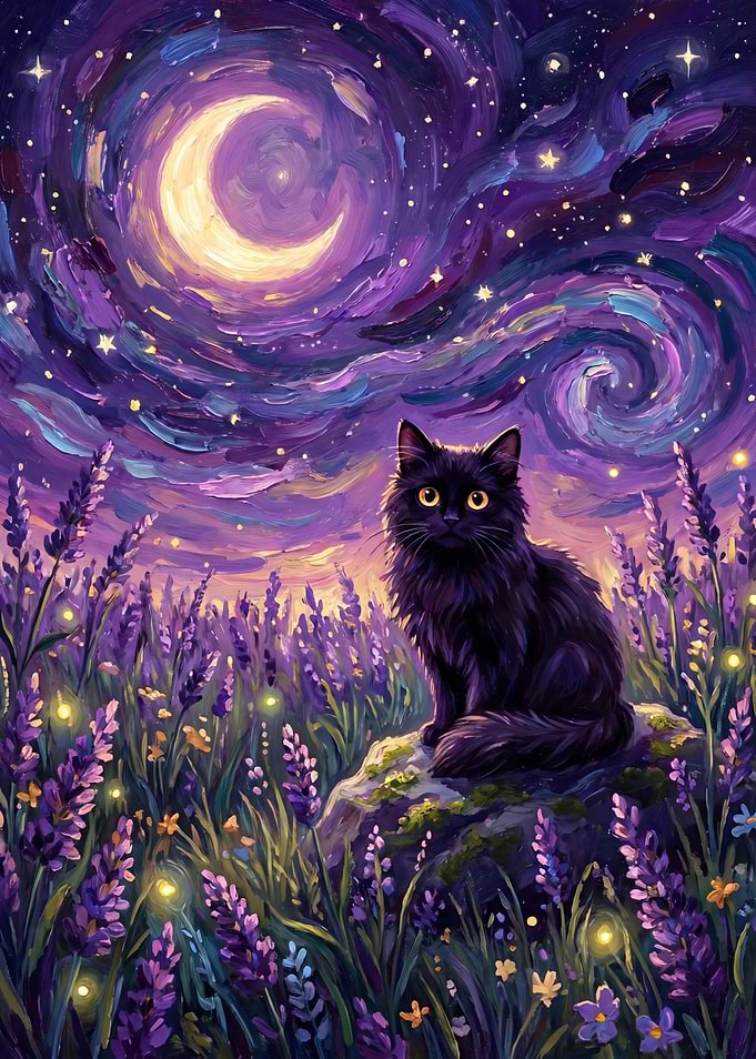 Black Cat in Lavender Field Under Starry Sky