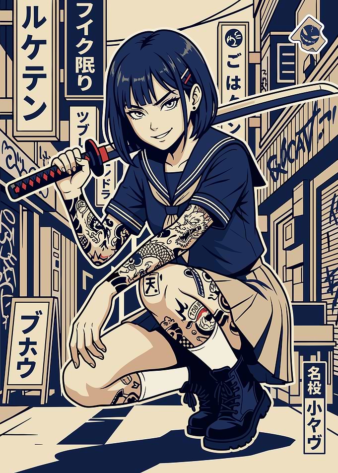 Tattooed Anime Girl with Katana