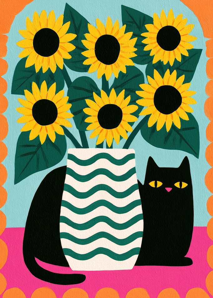 Black Cat with Sunflowers in a Vase