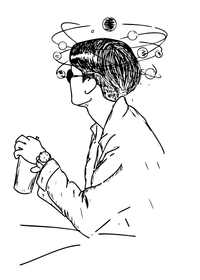 Man with orbiting planets above head