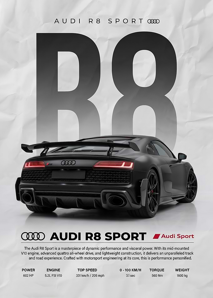 rear Audi R8 Sport black Car Poster