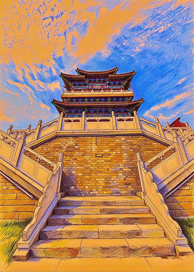 Traditional Asian Pagoda and Staircase