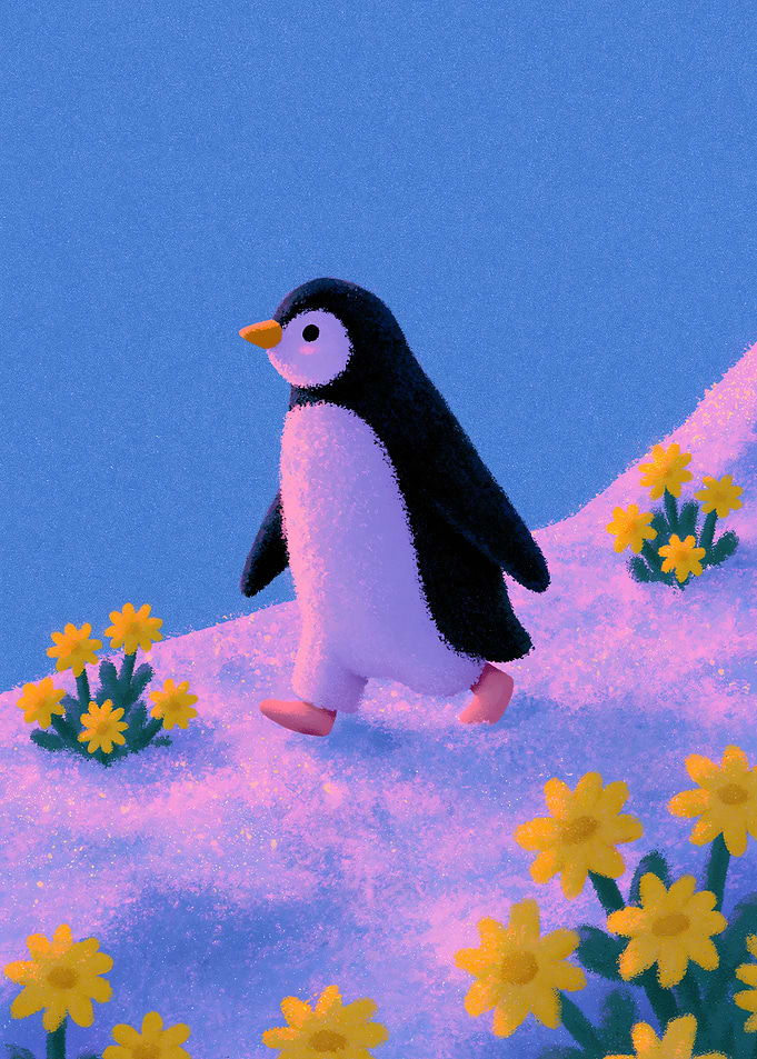 Cute Penguin Walking Among Flowers